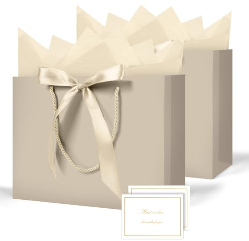 AMFUN Geschenktüten, 2 Stück Papiertüten mit Schleifenbändern + 2 Grußkarten + 4 Seidenpapier, Kreuzbodenbeutel, Geschenktaschen Groß mit Henkel für Geburtstag Hochzeit Feier Party