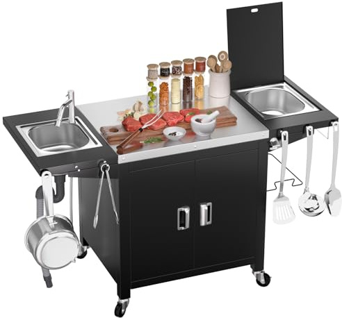 GFTIME Grillvagn, utomhuskök, köksö med hjul i rostfritt stål med förvaringsskåp, islåda, diskho, utomhuskök, pizzaugnsbord, vagn