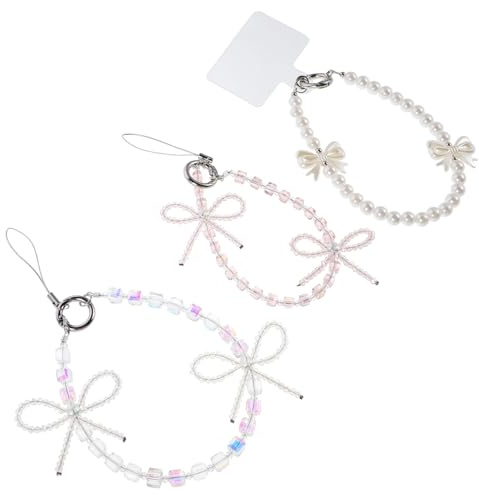 IWOWHERO 3 piezas Cadena corta para teléfono móvil con clips pulsera de muñeca para smartphone colgantes de lazo rosa azul y perlas accesorio elegante para bolso y cámara