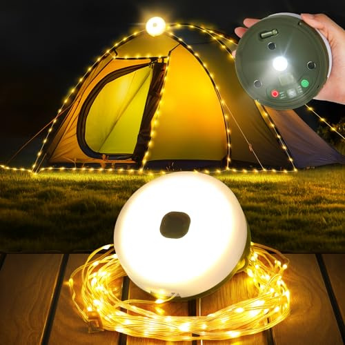 Famgoods Camping String Lights, 32.8Ft, USB Rechargeable | 9 Lighting Modes, IP65 Waterproof, 30s Roll up, Retractable, Timer, Camping Lights for Tent,Yard, RV,Patio,Party Decor