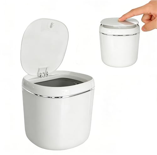 Moling Weiß Tischmülleimer Klein mit Deckel 2.3L,Mini Tischabfalleimer,Papierkorb für Schlafzimmer,Bad,Büro,Kosmetikeimer,Aschenbecher,Katzenstreu