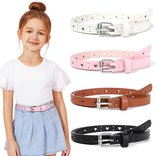 Kajeer 4 Stück Kindergürtel Mädchen - PU Ledergürtel Kinder Jungen mit Herz-Loch Design Verstellbarer Metallschließe Kinder Gürtel Passend für Kleid Schuluniform Hose