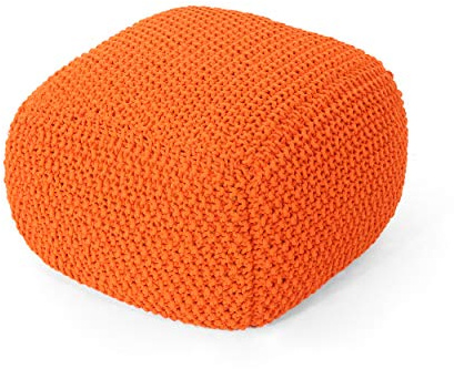 Christopher Knight Home Lucy Knitted Cotton Square Pouf, Orange, Small