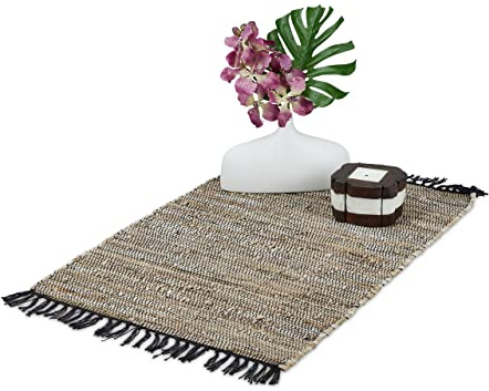 Relaxdays Tapis tissé, 60x110 cm, Coton et Cuir, Descente de lit à Franges, antidérapant, Chambre et Couloir, Gris