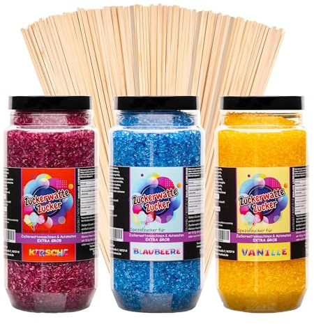 Zuckerwatte Zucker Set XL Grob 3x700 g mit 100 Stäben 2100 g (Blaubeere, Kirsche, Vanille)