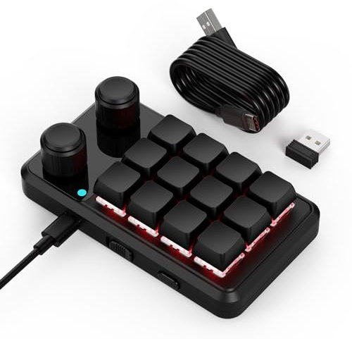 BRIMFORD Mini Macro Programmable Keyboard, One Handed Gaming Custom Keyboard Multifunction 12 Keys 2 Knobs Compatible for Mac OS,Windows,Vista, Macro Keypad Suitable for Office Gaming Lab