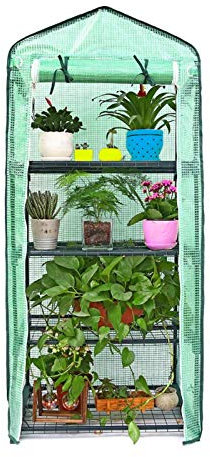Invernadero de 4 niveles de 155 cm, invernadero para plantas pequeñas, resistente a la intemperie, con techo a dos aguas, tienda de cultivo para interiores y exteriores con paredes laterales