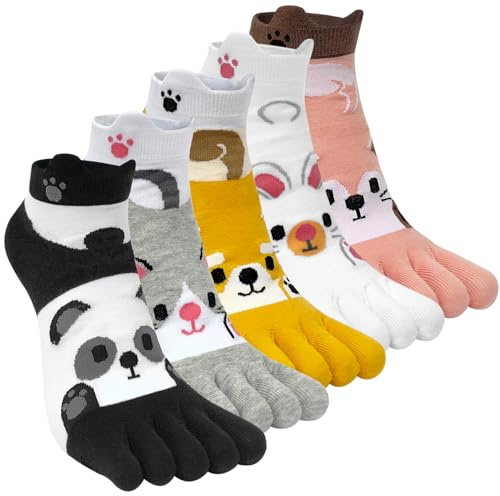 Kevaler Damen Zehensocken Baumwolle Fünf Finger Socken Kurze Socken Knöchelsocken Niedliche Bunt Tier Obst Muster Sneakersocken Socken Neuheit Sportsocken mit Zehen Einzeln Größe: 35-40/5 Paare
