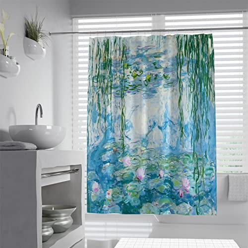 Wewoo Home Retro Blaue Duschvorhänge Seerosen von Claude Monet Ölgemälde Blumen wasserdichte Badezimmer Vorhang Dekor Sets Mit Haken W90xL200cm