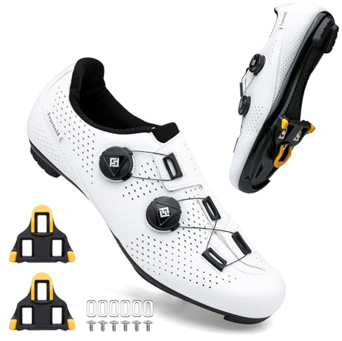 Feyenold Scarpe da Ciclismo da Uomo, da Donna, compatibili con Pedale SPD-SL e Installazione Compatibile SPD/Look KEO Cleats, Bianco, 45 EU