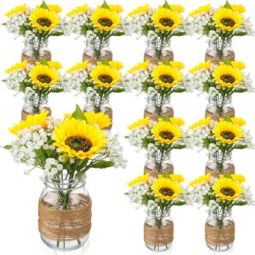 Yuxung Sunflower Mason Jar Table Centerpiece Mason Jar Vases Faux Sunflower Baby's Breath with Rope Boho Rustic Table Decoration for Reception Engagement Party Bridal Shower Wedding
