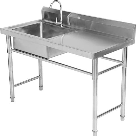 Fregadero de cocina de acero inoxidable, fregadero comercial, fregadero de restaurante con drenaje y protector contra salpicaduras, fregadero de un solo tazón independiente con banco de trab