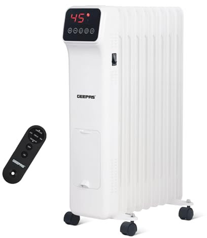 Geepas Digital Oil Filled Radiator Heater 2000W, 9 Fin | Portable Electric Heater with Remote & LED Display | 3 Heat Modes 9Hr Timer Adjustable Thermostat Energy Efficient | 2 Year Warranty White