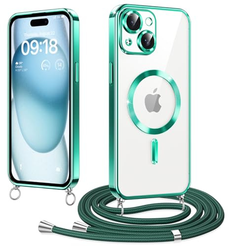 Woijrly Magnetische Handyband mit Band für iPhone 15 Hülle, [Kompatibel mit Magsafe] Handyhülle Case mit justierbarer Schnur Abnehmbar Strap, Crossbody Schutzhülle zum Umhängen Kordel, Grün
