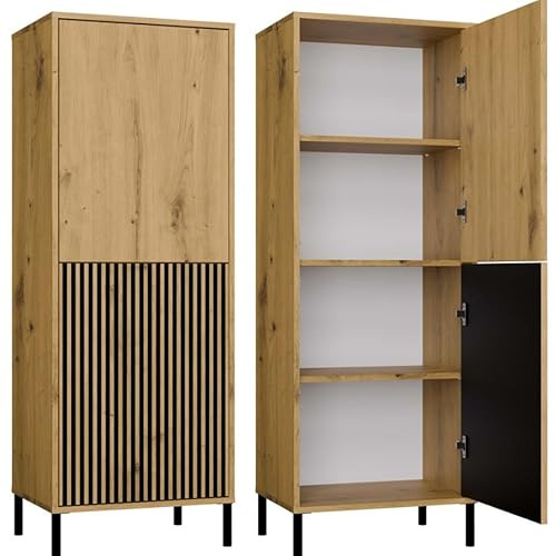 BDW - Kamaro Armario Estantería Slim Slatted - Cachemira - 2 Puertas - Chêne Artisan - Mueble de almacenaje, Pasillo - para Oficina, salón - Armario