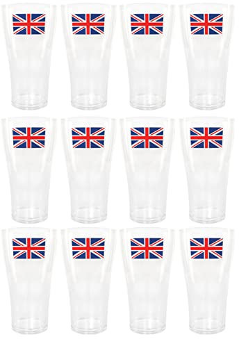 I LOVE FANCY DRESS Vasos de pinta de plástico reutilizables con diseño de bandera de Reino Unido, paquete de 12 unidades, 568 ml, con diseño de bandera de Reino Unido, 80 aniversario, celebraciones