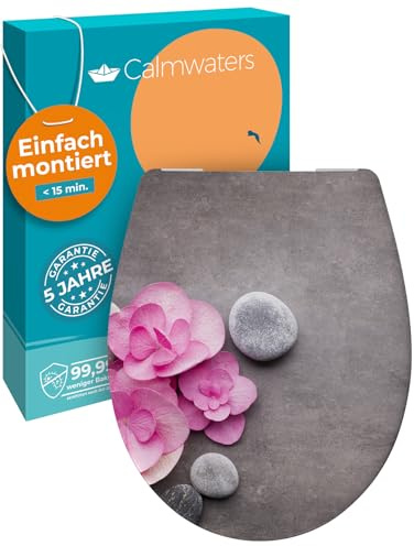 Calmwaters® WC Sitz Motiv Wellness Orchidee einfache Montage, Toilettendeckel bis 250 kg, Made in EU, antibakterieller Duroplast, Absenkautomatik, 2 Montage Optionen, abnehmbar, Klobrille, oval
