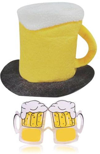 Hut Bierkrug Mit Henkel Plüsch Mütze Und Bier Brille,Karneval Mütze Und Brille Set,Bier Sonnenbrille Für Oktoberfest Karneval Kostüm Partyhut Fasching Verkleidung Junggesellenabschied (Yellow)