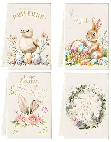 BINXWA 4 Stück geschirrtuch Ostern,40x60 cm geschirrtücher tischdeko frühling,Baumwoll taschentücher Oster deko innen,Ostern Küchen Zubehör und osterngeschenk