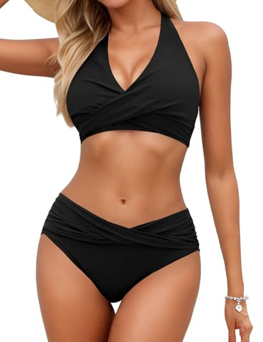 Zojuyozio Damen Bikini Sets Vordere Verdrehung Zweiteiliger Badeanzug Halter V-Ausschnitt Mittlere Taille Schwarz XL