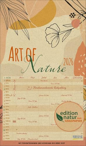 Familienplaner Art of Nature aus Graspapier 2026: Nachhaltiger Familienkalender mit 6 breiten Spalten. Mit Ferienterminen, extra Spalte. 27 x 46 cm