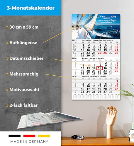 3-Monatskalender 2026 Wandplaner Dreimonatskalender 30 x 59 cm mit Schieber mehrsprachig d/fr./engl Motiv: Segelboot