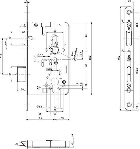 Fluchttürschloss B-23270-02-R-8 2-flg. Funk. E, Rundstulp 20,PZ 65 rechts