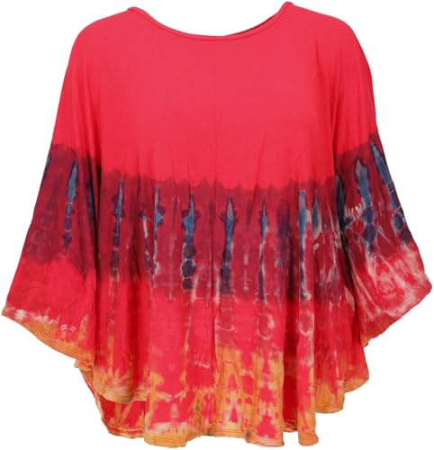 GURU SHOP Batik Poncho, Tunika, Unikat Boho Kaftan, Maxibluse - Rot, Damen
