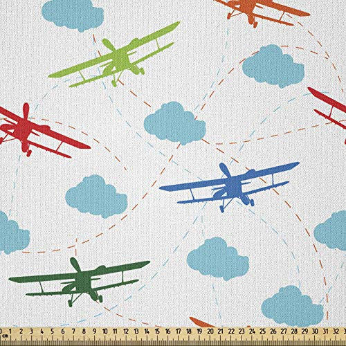 ABAKUHAUS Flugzeug Stoff als Meterware, Bunte Retro-Reise, Microfaser Multi Zweck Dekostoff für Kunsthandwerke, 3M (230x300cm), Mehrfarbig