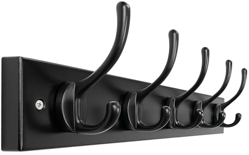 Dseap Garderobenleiste: Schwerlast-Garderobe-Hakenleiste mit 5 Haken, Kleiderhaken Wand, Wandgarderobe, Garderobenhaken für Mantel Hut Handtuch Handtasche, aus Bambus, Schwarz