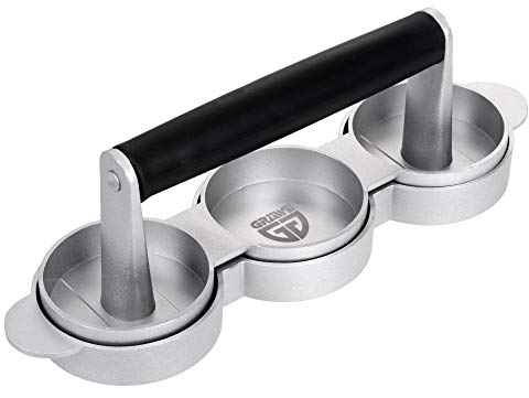 GRÄWE Prensa para hamburguesas de aluminio fundido, 3 mini prensas antiadherentes con mango de plástico, diámetro de 6,5 cm, incluye 60 hojas de papel de horno