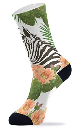 Linomo Cactus Flower Zebra Print Fancy Outdoor Sports Casual Crew Socks High Ankle, Dress Socks for Men Women 1 Pack