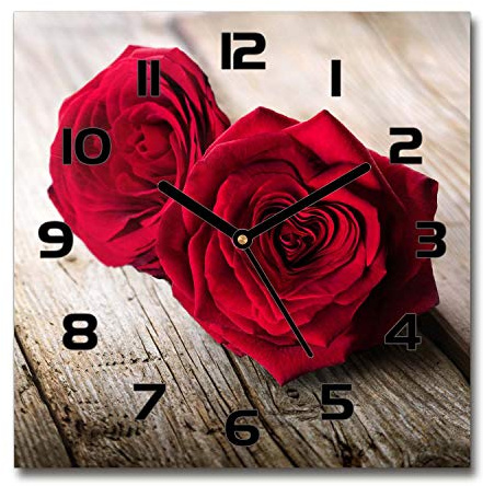 Tulup Glasuhr - 30x30cm - Schwarze Zeigern - Wanduhr Wandkunst Bild Gehärtetem Glas Uhr Echtglas Küche Wohnzimmer - Rosen auf Holz