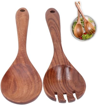 Agatige 2Pcs Salad Spoon and Fork Set, 10.2inch Wooden Salad Servers Spoons Set Salad Mixing Dinner Fork and Spoon Long Handle Salad Tongs Cutlery Tongs Kitchen Servers for Salad, Fruit