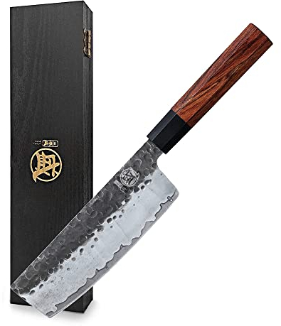 MITSUMOTO SAKARI 18 cm Handgeschmiedetes Küchenmesser Profi, Japanisches Nakiri Kochmesser, Hochkohlenstoffstahl Scharfe Küchenmesser (Rosenholzgriff & Boutique-Holzkiste)