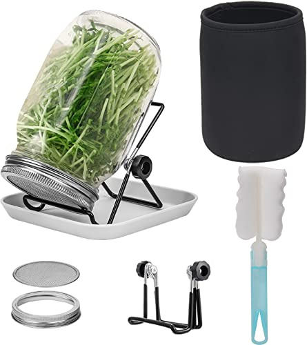 Lulonpon Sprouting Kit, One Pieces Seed Sprouting Jar Kit, Wide Mouth Quart Mason Jars with 304 Stainless Steel Screen Sprout Lids,86mm Caliber with Tray,Stand,Shading Bag and Brush,for Bean Sprouts