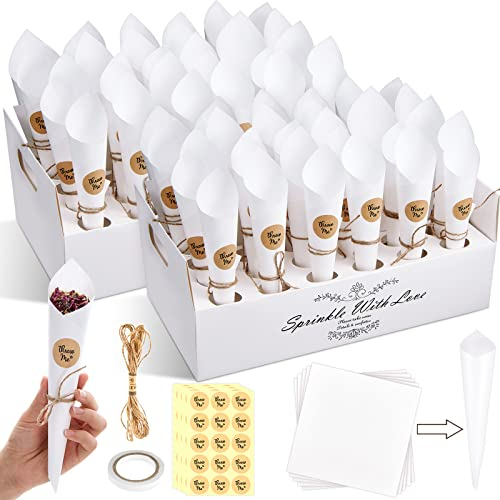Nezyo 60 Pcs Confetti Cones with Holder Box Confetti Cones and Favours Cone Holder Including Ropes Adhesive Stickers Box Tray and Tape for Wedding Birthday Party(White,Simple)