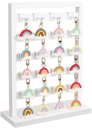 Ikee Design 5 Tiers Free Assemble Wooden Jewelry Display Rack with 20 Removable Metal Hooks,Earring Card Display Stand,Jewelry Organizer,Bracelet Organizer,Keychain Display Stand,Wash White