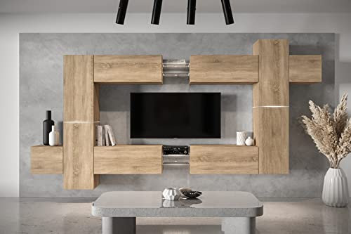 Furnitech Wohnwand Wohnzimmer - Hängend Wohnwand Modern - Wohnzimmer Schrankwand mit Regale und TV Schrank - Wohnzimmer Möbel ohne LED (AN91NEW-21S-M5 MATT)