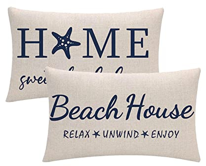2Pack Beach House Decor Pillow Covers Relax/Enjoy/Unwind/Starfish Rectangular/Waist Cushion Covers Navy Blue Home Sweet Home Summer Holiday Decorative Lumber Pillowcases 12 X 20(Navy Blue)