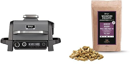 Bundle of Ninja OG701UK Woodfire Electric BBQ Grill & Smoker, 7-in-1 Outdoor Grill & Air Fryer + Ninja Woodfire Pellets [XSKOGRBLPL2UK], Robust Blend 900g Bag
