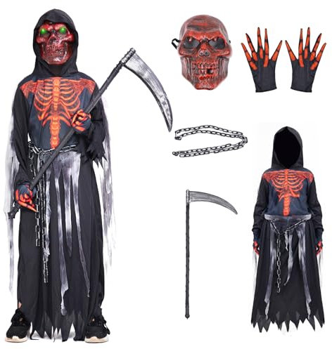 ZUCOS Sensemann Kostüm Sense Schädelmaske SchädeHandschuhe, Unisex Kostüm Grim Reaper für Halloween Party Dekoration (Rot, 10-12 Jahre)