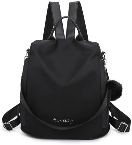 OLIVIA WONG Wasserdichter Diebstahl-Rucksack für Damen (13 l), umwandelbarer Rucksack mit Bommel und abnehmbarem Ziergriff, Schwarz