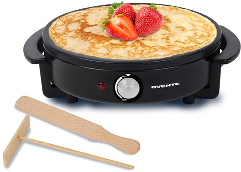 OVENTE 12-Inch Electric Crepe Maker & Griddle – Nonstick Hot Plate with Adjustable Temperature, LED Indicator, Batter Spreader & Spatula, Black CRM1122B