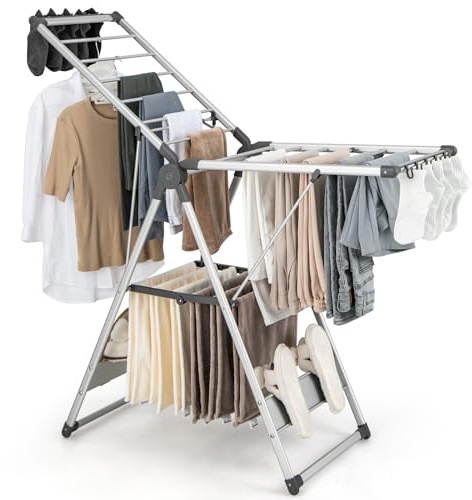 Giantex Clothes Drying Rack, 2-Layer Aluminum Foldable Laundry Drying Rack with 5-Level Adjustable Height, 21 Drying Rails, 10 Side Clips, 4 Shoe Holders, Space Saving Collapsible Laundry Drying Rack