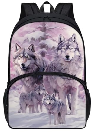 Yuyamidu Wolf Backpack for Boys Snow Kids Bookbag Girls 5 Years Old Forest Elementary School Bag Student Book Bag 17″ Back to School Backpacks
