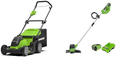 Greenworks G40LM41 Cordless Lawnmower for Lawns up to 500m², 41cm Cutting Width, 50L Bag WITHOUT 40V & 40V Cordless Strimmer for Medium Gardens, Adjustable Height, 30cm Cutting Width