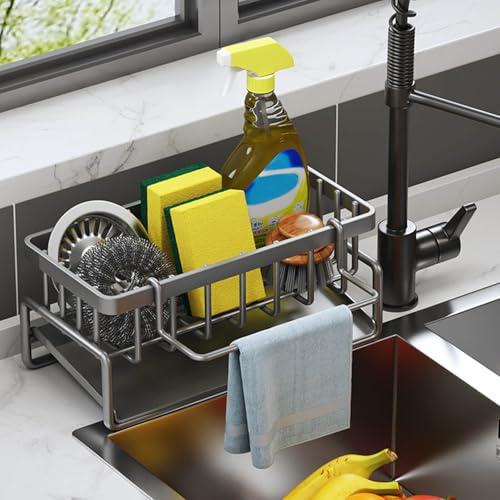 JUMPENGATP Schwammhalter Spülbecken Organizer, Spülorganizer mit Spültuchhalter und Haken, Utensilienhalter Küche für Badezimmer, Schwarz