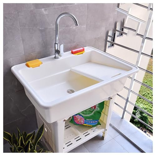 Freestanding Utility Sink with Stainless Steel Faucet, Indoor/Outdoor Hot and Cold Water for Garden/Backyard (White, 80*)