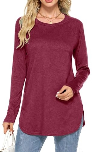 Teesho Dam, lång skjorta, eleganta toppar, bomull, t-shirt, ledig långärmad skjorta, toppar, tunika, B-vinröd, XL